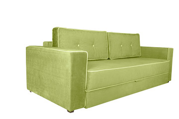Green modern sofa isolated on white background, angle view.