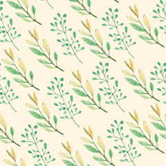 Watercolor seamless pattern autumn forest leaves and branches. Greenery floral. Botanical illustration on color background