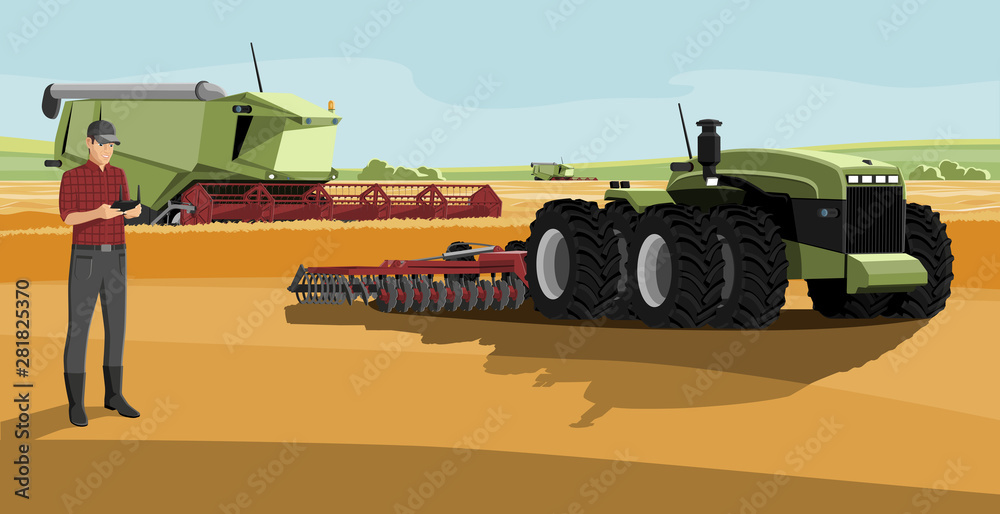 Poster farmer with autonomous harvester and tractor on a smart farm. digital transformation in agriculture.