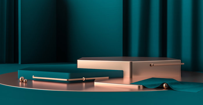 3d render abstract platforms with golden, dark green shapes and curtains. Geometric figures in modern minimal design. Realistic mock up for promotion, banners background, product show. 