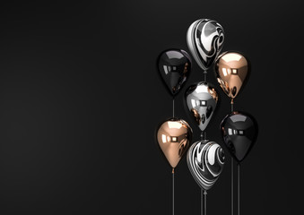 Set of black and gold foil balloons with empty space. Realistic background for birthday, anniversary, wedding congratulation banners. Festive template for social media. 3D render illustration.