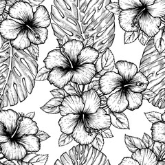 Hand drawn tropical hibiscus flower. Seamless floral pattern with palm leaves on white background. Exotic engraving wallpaper for textile, surface design or banner. Great template for coloring book.