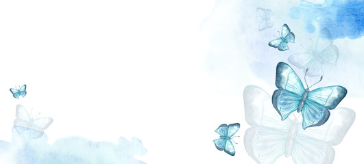 Beautiful sketch flyer with colorful watercolour. Watercolor illustration. Blue butterfly