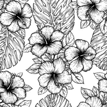 Hand drawn tropical hibiscus flower. Seamless floral pattern with palm leaves on white background. Exotic engraving wallpaper for textile, surface design or banner. Great template for coloring book.