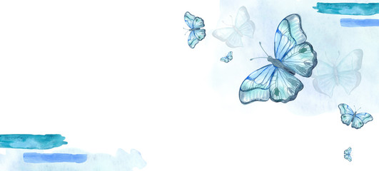 Beautiful sketch flyer with colorful watercolour. Watercolor illustration. Blue butterfly