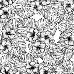 Hand drawn tropical hibiscus flower. Seamless floral pattern with palm leaves on white background. Exotic engraving wallpaper for textile, surface design or banner. Great template for coloring book.