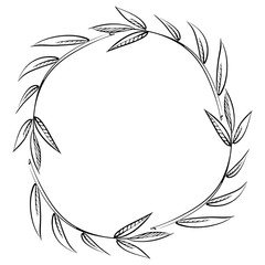 Naklejka premium Frame from leaves of mountain ash. Contour black and white illustration. Hand-drawn. Isolated on white background. With space for text or image 