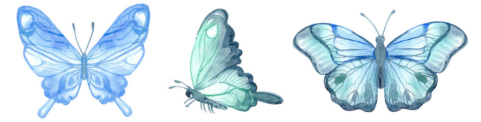 Watercolor illustration. Blue butterfly. Fantasy watercolour, great design for any purposes. Colorful fantasy wallpaper.