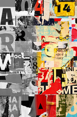 Fototapeta premium Kolaż wielu cyfr i liter zgranych podarte reklamy uliczne plakaty grunge pognieciony zmięty papier tekstura tło afisz powierzchnia tła
