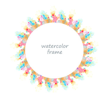 Bright Frame for design of watercolor paint spots on paper. With space for text or image. The color splashing in the paper. It is a hand drawn.