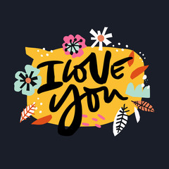 I love you ink brush calligraphy with flowers