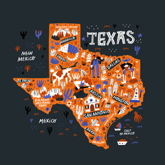 Texas orange map flat hand drawn vector illustration. Western american state infographic doodle drawing. Texas landmarks, attractions and cities guide. USA travel postcard, poster concept design