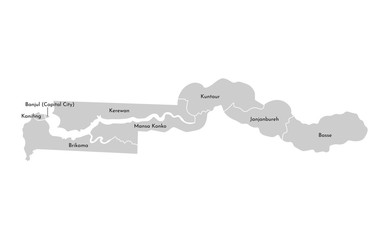 Vector isolated illustration of simplified administrative map of Gambia. Borders and names of the regions. Grey silhouettes. White outline