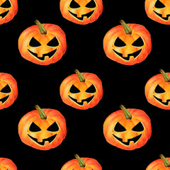 Seamless hand drawn  watercolor pattern. Pumpkins on black background
