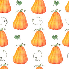 Seamless hand drawn  watercolor pattern. Orange, yellow, green colors. Pumpkins on white background