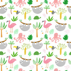 Vector seamless tropical pattern with cute tropical animals: flamingo, sloth, bird