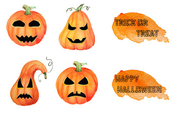 A set of Halloween pumpkin Jack, isolated object on the white background, watercolor hand drawn illustration, cartoon characte