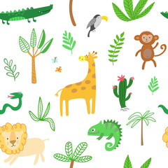 Seamless baby pattern with lion, giraffe, monkey and crocodile on white. Vector illustration with wild animals in jungle for kids. Seamless childrens background foe wallpapers or textile.