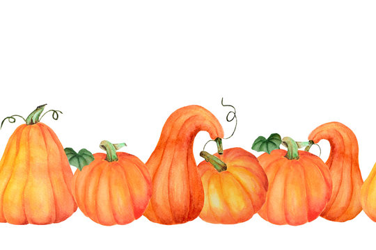 Seamless hand drawn  watercolor pattern. Orange, yellow, green colors. Pumpkins on white background