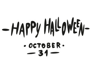 Happy Halloween lettering, icons: thin monochrome icon set, black and white kit. Creepy and funny jack face, bat, spider web