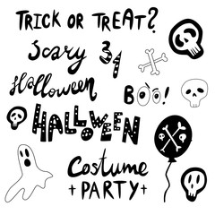 Halloween icons: thin monochrome icon set, black and white kit. Creepy and funny jack face, bat, lettering.