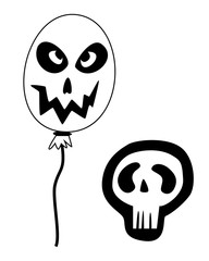 Halloween icons: thin monochrome icon set, black and white kit. Creepy and funny jack face, bat, lettering.