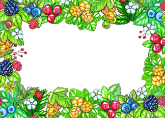 Hand painted watecolor template with berries and leaves isolated on white background. Perfect for design, textile, cards, invitations and other projects