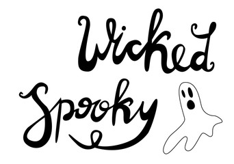 Halloween icons: thin monochrome icon set, black and white kit. Creepy and funny jack face, bat, lettering.