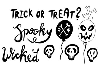 Halloween icons: thin monochrome icon set, black and white kit. Creepy and funny jack face, bat, lettering.