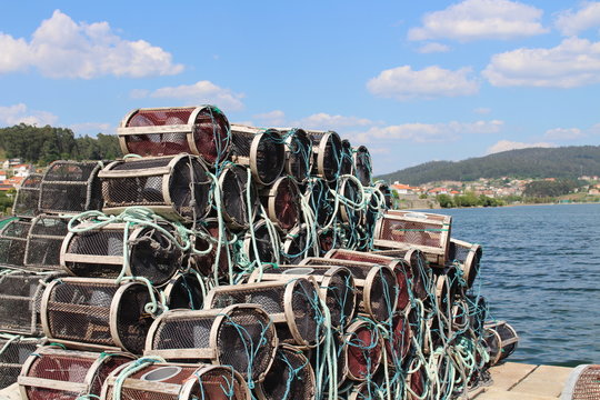 Fishing nets on the harbour. Sea landscape of Combarro, Galicia