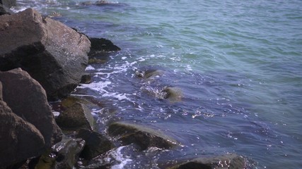 Sea surf. The waves hit the rocks. Sea coast. Splashing water.