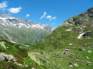 The Alps with its woods and glaciers near Monte Rosa and the town of Macugnaga, Italy - July 2019.