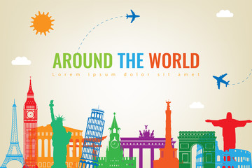 Travel composition with famous world landmarks. Travel and Tourism concept. Vector