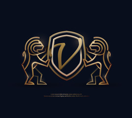 3d golden vintage V letter lion shield crest monoline logo template