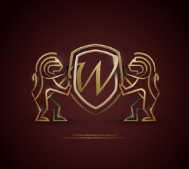3d golden vintage W letter lion shield crest monoline logo template