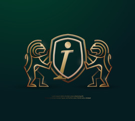 3d golden vintage I letter lion shield crest monoline logo template