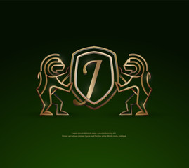 3d golden vintage J letter lion shield crest monoline logo template