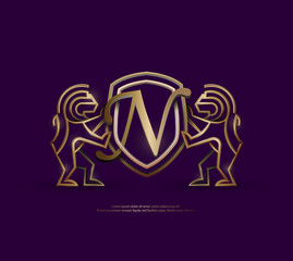 3d golden vintage N letter lion shield crest monoline logo template