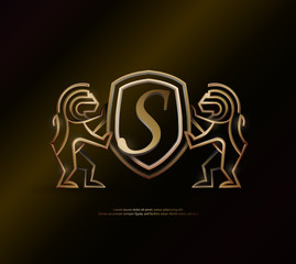 3d golden vintage S letter lion shield crest monoline logo template