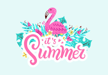 Fototapeta na wymiar It is Summer lettering. Bright summer banner with ice-cream, watermelon, sun, pineapple, cocktail, monstera, starfish, seashell, glasses on blue background. hand drawn labels, logos, tags