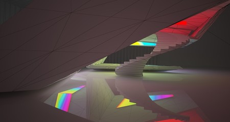 Fototapeta na wymiar Abstract architectural drawing white interior of a minimalist house with color gradient neon lighting. 3D illustration and rendering.