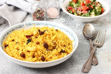 Spicy rice with spices and dried fruits.Healthy eating rice with spices