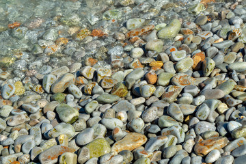 Close up pebbles beach at crete, greece