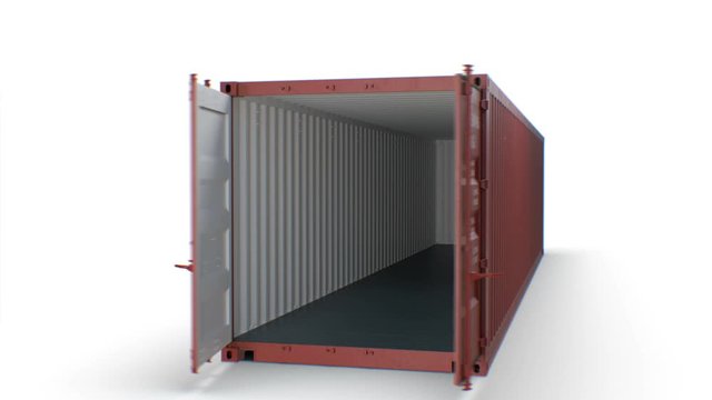 Metal Container Falling on the Ground In Slow Motion on White Background, Opening Doors and Camera Flying Inside. Transportation Concept 3d Animation. 4k Ultra HD 3840x2160.
