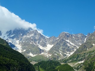 Fototapeta na wymiar Monte Rosa with its glacier near the village of Macugnaga, Italy - July 2019.