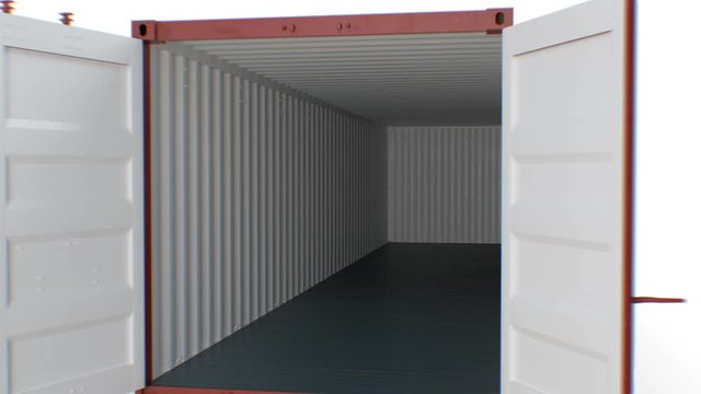 Shipping Containers Falls Down on White Background, Fast Fall and Slow Motion of Flying Inside. Logistics Concept 3d Animation. 4k Ultra HD 3840x2160.