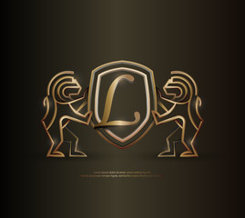 3d golden vintage L letter lion shield crest monoline logo template