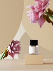 Background for cosmetic product branding, identity and packaging inspiration. Perfume on podium with pink hippeastrum rutilum and earth tone circular geometry background. 3d rendering illustration.