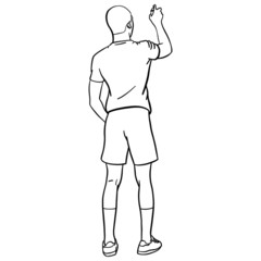 Rear view of a boy in shorts painting with a spray can on the wall. Oldschool, hip hop, rap, character, doodle.