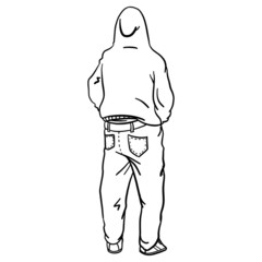 Rear view of a young man wearing a hip hop hoodie and baggy pants.  Character, monochrome, illustration, vector.